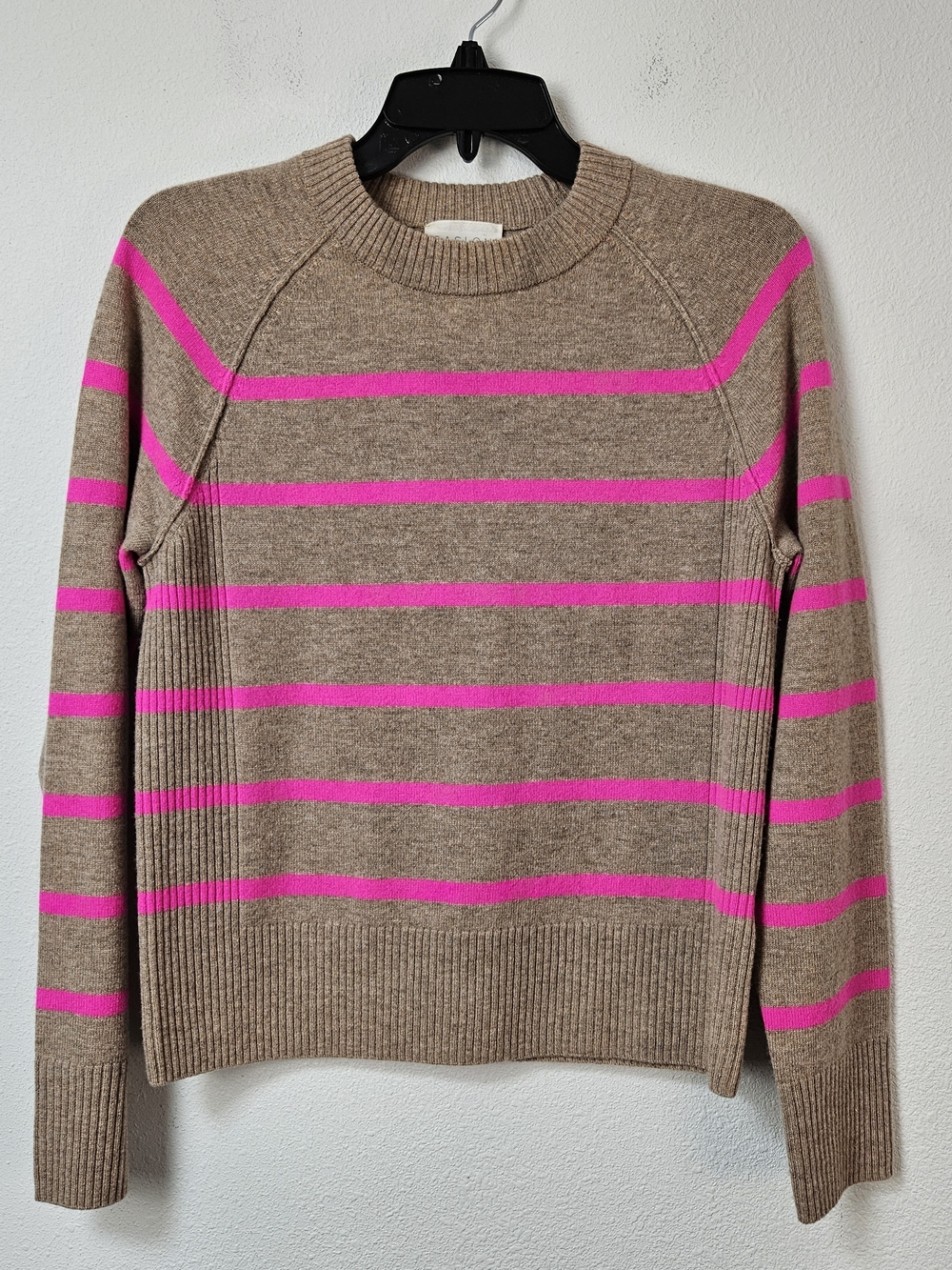 Caslon Women's Taupe Sweater with Pink Stripes - Crewneck Wool Cashmere Size XS